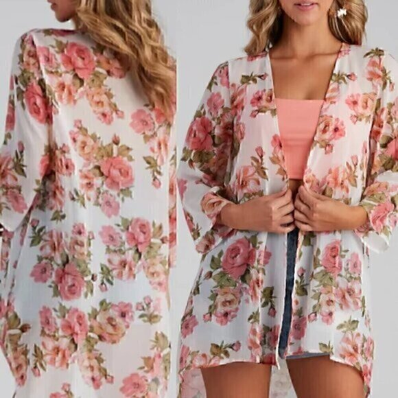 WINDSOR Cream Ivory Pink Floral Sheer Short Sleeve Oversized Kimono Cardigan Top - Picture 1 of 10